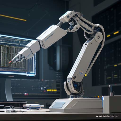 Nahaufnahme eines Roboterarms, der einen Mikrochip an einem High-Tech-Arbeitsplatz zusammenbaut, mit im Hintergrund sichtbaren Code-Zellen und digitalen Modellen.