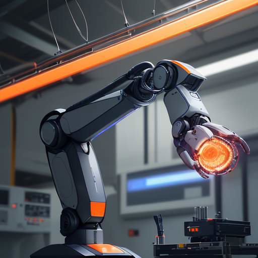 A high-tech robotic arm assembling a microchip in a German factory, featuring glowing accents and digital data overlays to represent AI integration in industrial manufacturing.