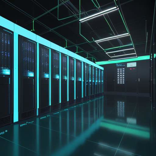 A sophisticated server room with sleek black cabinets and glowing LEDs, featuring a translucent digital shield icon to symbolize data protection and high-tech security.