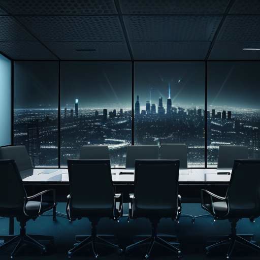 Silhouetten von Geschäftsführern in einem modernen Konferenzraum vor einer nächtlichen Skyline, die besorgt auf eine holografische Grafik mit sinkendem Nutzervertrauen blicken.