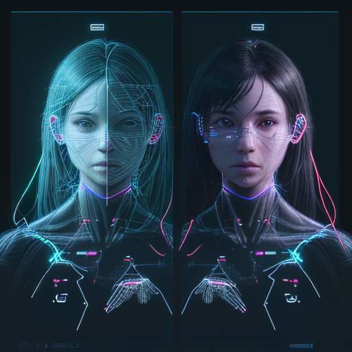 Split-Screen-Grafik: Eine Person telefoniert auf der einen Seite, während die andere Seite eine digitale Rekonstruktion ihres Gesichts durch ein neuronales Netzwerk und Wireframes zeigt.