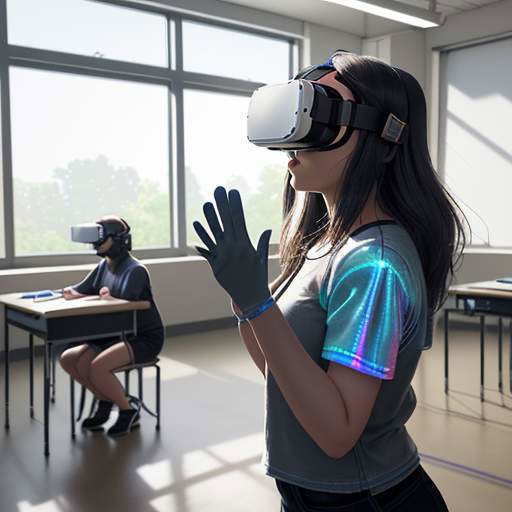 Eine Gruppe diverser junger Erwachsener in einem hellen Klassenzimmer trägt VR-Brillen und interagiert mit holografischen Motorteilen, um praktisches technisches Wissen durch moderne Technologien zu erlernen.