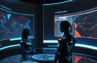 Zwei Silhouetten stehen sich in einem futuristischen Kontrollzentrum vor holografischen Datennetzwerken gegenüber, was die geopolitischen Spannungen und die technologische Rivalität zwischen Ost und West im Bereich der KI-Sicherheit symbolisiert.