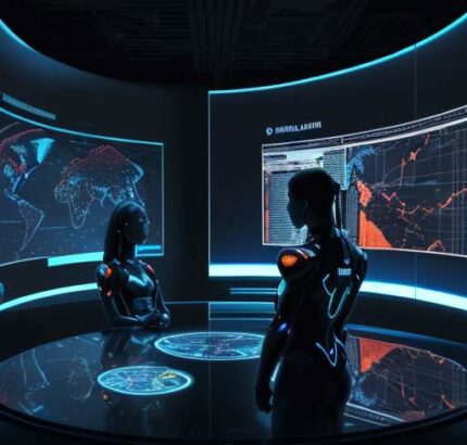 Zwei Silhouetten stehen sich in einem futuristischen Kontrollzentrum vor holografischen Datennetzwerken gegenüber, was die geopolitischen Spannungen und die technologische Rivalität zwischen Ost und West im Bereich der KI-Sicherheit symbolisiert.