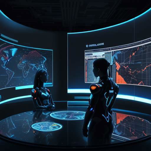 Zwei Silhouetten stehen sich in einem futuristischen Kontrollzentrum vor holografischen Datennetzwerken gegenüber, was die geopolitischen Spannungen und die technologische Rivalität zwischen Ost und West im Bereich der KI-Sicherheit symbolisiert.