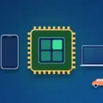 Großer KI-Chip zwischen Smartphone, Laptop und Auto