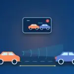 Auto mit Radarsensor hält Abstand zum bremsenden Vordermann, im Cockpit-Display leuchtet die Notbremswarnung