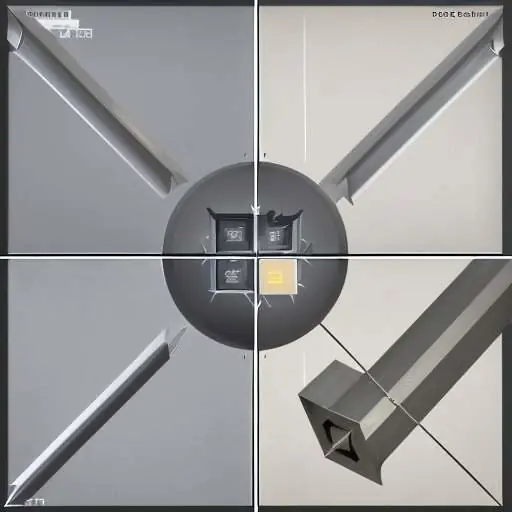 3D-Diagramm eines Hebelsystems mit einem langen Metallbalken auf einer Dreiecksdreieckstütze, das die mechanische Kraftübertragung zwischen einem schweren Block (Last) und einer Hand (Kraft) verdeutlicht.