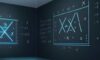 3D-Rendering von glänzenden Chrom-Mathematiksymbolen wie „aⁿ“ und „x²“ mit blauem Neonlicht in einem modernen Labor vor einer Tafel mit Formeln.