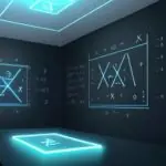 3D-Rendering von glänzenden Chrom-Mathematiksymbolen wie „aⁿ“ und „x²“ mit blauem Neonlicht in einem modernen Labor vor einer Tafel mit Formeln.