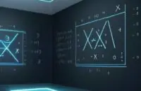 3D-Rendering von glänzenden Chrom-Mathematiksymbolen wie „aⁿ“ und „x²“ mit blauem Neonlicht in einem modernen Labor vor einer Tafel mit Formeln.