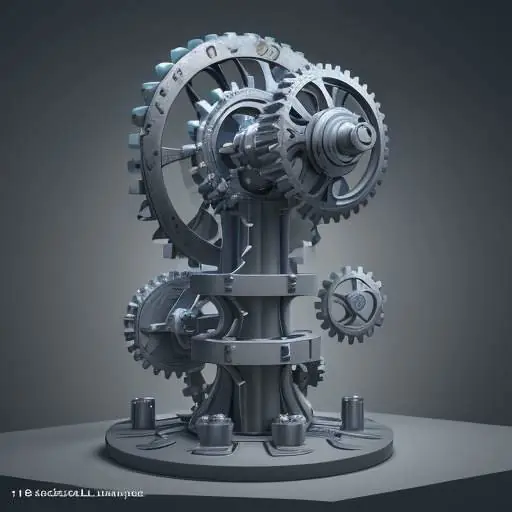 3D-Visualisierung eines mechanischen Getriebes mit Zahnrädern und einem Hebel, die die Kombination verschiedener mechanischer Vorteile zur Kraftverstärkung veranschaulichen.