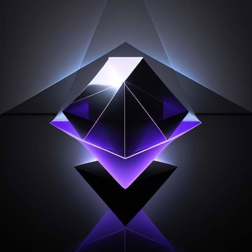 A conceptual abstract representation of mathematics. A sleek, metallic sphere sits on a reflective black surface, surrounded by floating geometric shapes like cubes and pyramids made of glass. The shapes are semi-transparent and refract the light.…