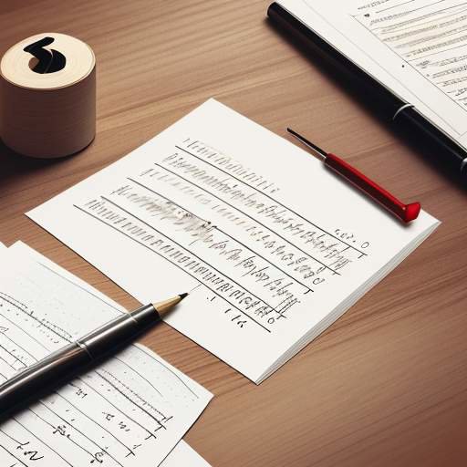Ansicht von oben auf ein Blatt Papier mit handgeschriebenen mathematischen Berechnungen zur Lösung einer quadratischen Gleichung, daneben liegt ein roter Stift auf einem hölzernen Schreibtisch.