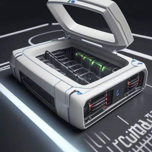 Detaillierte 3D-Darstellung einer Lithium-Ionen-Batterie für Elektroautos mit Fokus auf die interne Struktur und das Kühlsystem.