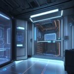 Ein futuristisches Quantencomputer-Labor mit einem goldenen Dilutionskühler, leuchtenden Hologrammen und Wissenschaftlern in einer technologisch fortschrittlichen Umgebung.
