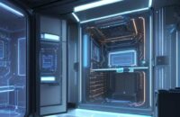 Ein futuristisches Quantencomputer-Labor mit einem goldenen Dilutionskühler, leuchtenden Hologrammen und Wissenschaftlern in einer technologisch fortschrittlichen Umgebung.