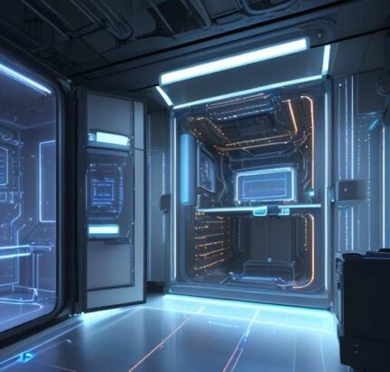 Ein futuristisches Quantencomputer-Labor mit einem goldenen Dilutionskühler, leuchtenden Hologrammen und Wissenschaftlern in einer technologisch fortschrittlichen Umgebung.