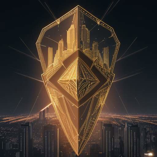 Ein glühender, goldener Schutzschild aus geometrischen Mustern schützt eine nächtliche Skyline vor roten Laserstrahlen, die Cyberangriffe symbolisieren.
