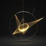 Ein goldenes Pendel an seinem höchsten Punkt in einem dunklen Raum, wobei leuchtende Partikel den Übergang von potenzieller zu kinetischer Energie visualisieren.