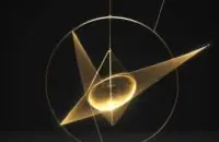 Ein goldenes Pendel an seinem höchsten Punkt in einem dunklen Raum, wobei leuchtende Partikel den Übergang von potenzieller zu kinetischer Energie visualisieren.