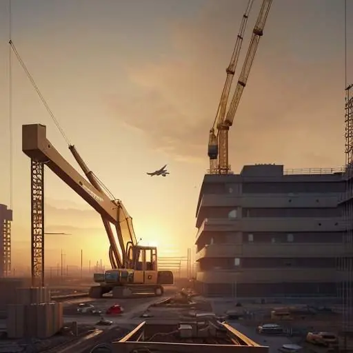 Ein großer gelber Kran hebt einen schweren Stahlträger auf einer Baustelle während der goldenen Stunde bei Sonnenuntergang.