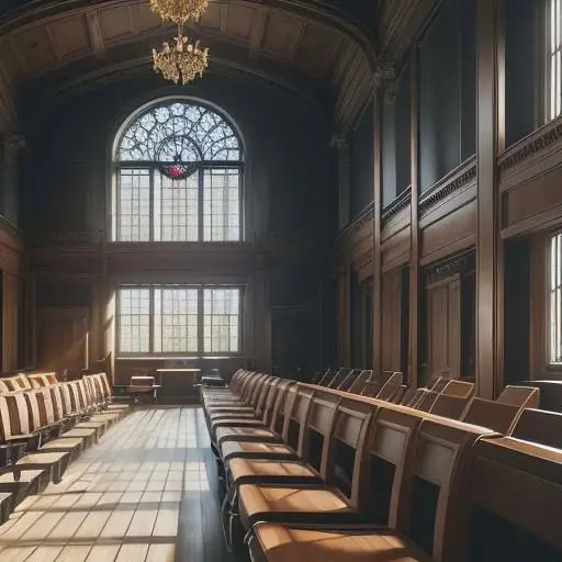 Ein helles, formelles Gerichtssaal-Interieur mit einer hölzernen Richterbank und großen Fenstern, das eine ernsthafte Atmosphäre für die juristische Auseinandersetzung vermittelt.