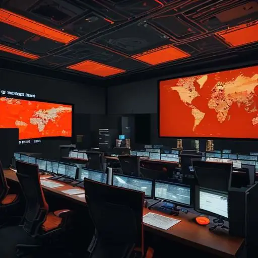 Ein hochmoderner, abgedunkelter Kontrollraum mit mehreren Bildschirmen, die leuchtende Karten und komplexe Navigationsalgorithmen zur Zielerfassung in Orange und Rot anzeigen.