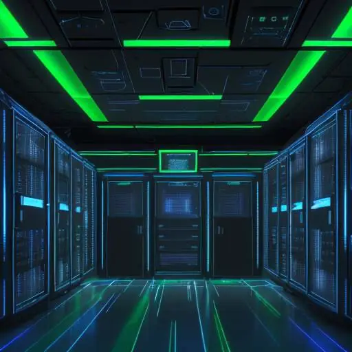 Ein hochmoderner Serverraum mit leuchtenden Lichtern und einem holografischen Schutzschild in der Mitte, das robuste Cybersicherheitsmaßnahmen symbolisiert.