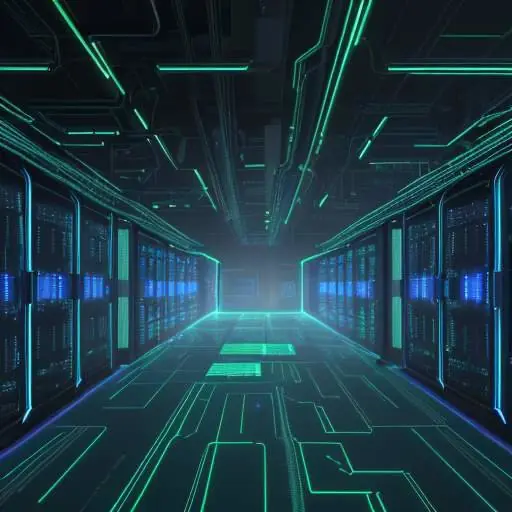 Ein hochmoderner Serverraum mit leuchtenden Servern und einer holografischen Überlagerung, die binären Code und exponentiell steigende Wachstumskurven visualisiert.