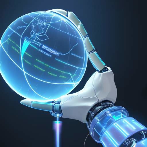 Ein Mensch und ein holografischer Roboter arbeiten in einem futuristischen Labor gemeinsam an einer leuchtenden Weltkugel und analysieren Datenströme zur Cybersicherheit.