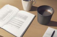 Ein offenes Lehrbuch mit mathematischen Formeln, ein Bleistift und eine Tasse Kaffee auf einem Holztisch in einer Bibliothek.