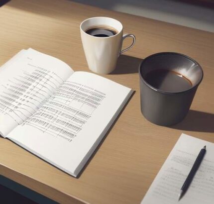 Ein offenes Lehrbuch mit mathematischen Formeln, ein Bleistift und eine Tasse Kaffee auf einem Holztisch in einer Bibliothek.
