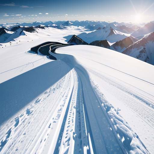 Ein Skifahrer steht auf einem verschneiten Berggipfel und blickt auf eine lange Abfahrt bei tiefstehender Sonne.