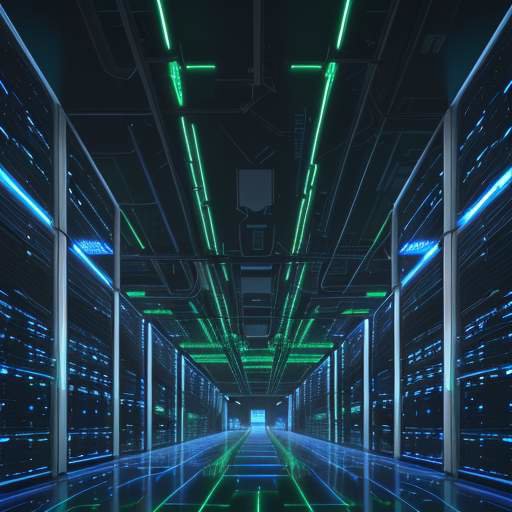 Ein weitläufiges, hochmodernes Rechenzentrum mit leuchtenden Serverracks und einer beeindruckenden Infrastruktur für sichere Datenverarbeitung.
