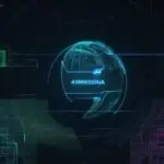 Eine futuristische, digitale Karte von Nordamerika mit einem leuchtenden Kanadischen Flaggen-Symbol, umgeben von fließenden Binärcodes und einer holografischen Benutzeroberfläche, die komplexe neuronale Netzwerke und Regierungsdaten visualisiert.