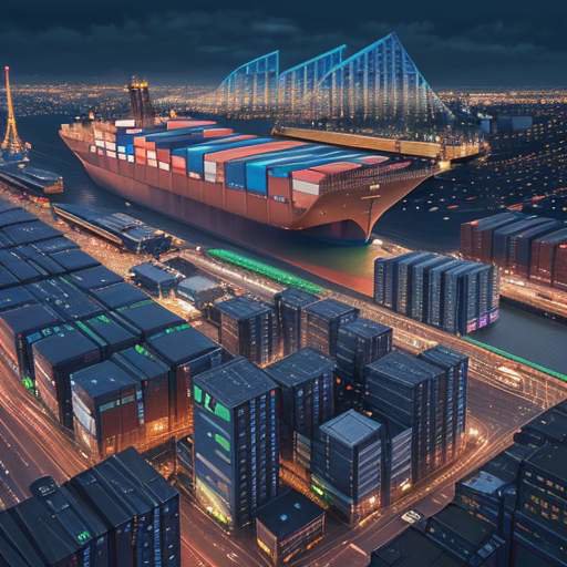 Eine futuristische Skyline bei Dämmerung mit digitalen Symbolen für Medizin, Logistik und Finanzen als Overlay, die den technologischen Fortschritt und die Integration von Quantentechnologie in verschiedenen Branchen visualisieren.