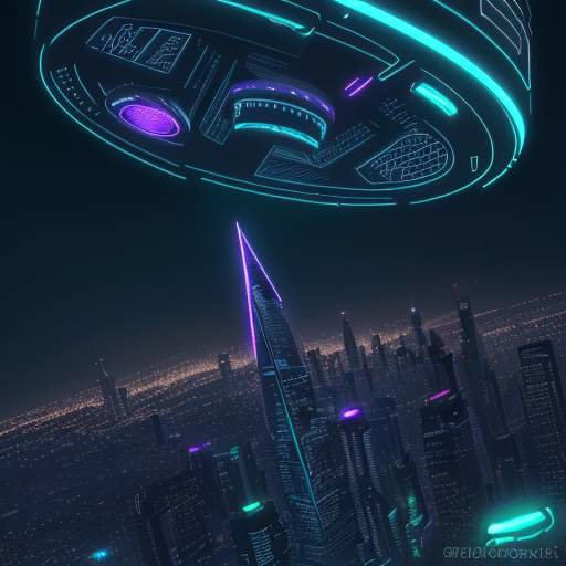 Eine futuristische Skyline bei Nacht mit leuchtenden Neonlichtern und schwebenden holografischen mathematischen Symbolen zwischen den Hochhäusern.