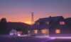Eine moderne ländliche Landschaft bei Sonnenuntergang, in der leuchtende Glasfaserkabel neben einem Bauernhaus verlegt werden und ein 5G-Sendemast vor einem dramatischen Himmel steht.
