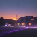 Eine moderne ländliche Landschaft bei Sonnenuntergang, in der leuchtende Glasfaserkabel neben einem Bauernhaus verlegt werden und ein 5G-Sendemast vor einem dramatischen Himmel steht.