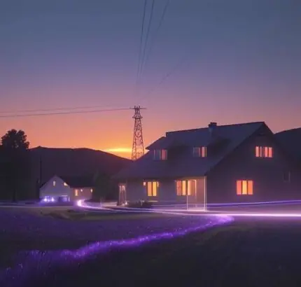 Eine moderne ländliche Landschaft bei Sonnenuntergang, in der leuchtende Glasfaserkabel neben einem Bauernhaus verlegt werden und ein 5G-Sendemast vor einem dramatischen Himmel steht.