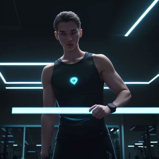 Eine moderne Smartwatch an einem Handgelenk im Fitnessstudio mit leuchtenden Symbolen für Herzfrequenz und Schritte, die über blaue Linien mit einem Smartphone verbunden sind.