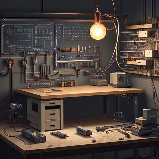 Eine Nahaufnahme elektronischer Komponenten wie Multimeter, Breadboards und Kupferdrähte auf einer Holzbank in einem professionell beleuchteten Labor.