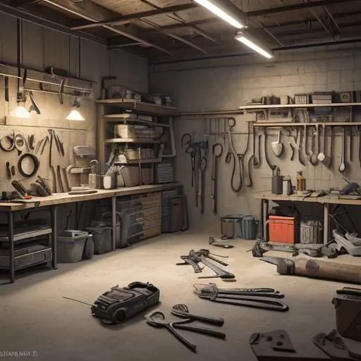 Eine Werkstatt mit verschiedenen Handwerkswerkzeugen wie Brechstangen, Zangen und Schraubenschlüsseln an einer Wand, beleuchtet in warmem Licht.