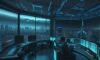 Moderne Cyber-Security-Zentrale mit Experten, die vor holografischen Datenbildschirmen und einer futuristischen Skyline im Hintergrund komplexe IT-Infrastrukturen überwachen.