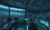 Moderne Cyber-Security-Zentrale mit Experten, die vor holografischen Datenbildschirmen und einer futuristischen Skyline im Hintergrund komplexe IT-Infrastrukturen überwachen.