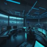 Moderne Cyber-Security-Zentrale mit Experten, die vor holografischen Datenbildschirmen und einer futuristischen Skyline im Hintergrund komplexe IT-Infrastrukturen überwachen.
