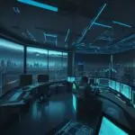 Moderne Cyber-Security-Zentrale mit Experten, die vor holografischen Datenbildschirmen und einer futuristischen Skyline im Hintergrund komplexe IT-Infrastrukturen überwachen.