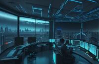 Moderne Cyber-Security-Zentrale mit Experten, die vor holografischen Datenbildschirmen und einer futuristischen Skyline im Hintergrund komplexe IT-Infrastrukturen überwachen.