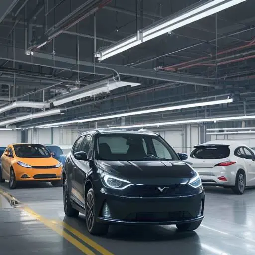 Moderne Fertigungshalle für Elektroautos bei Dämmerung mit einer Reihe von glänzenden SUVs und Hatchbacks in einer technologisch fortschrittlichen Produktionsanlage.